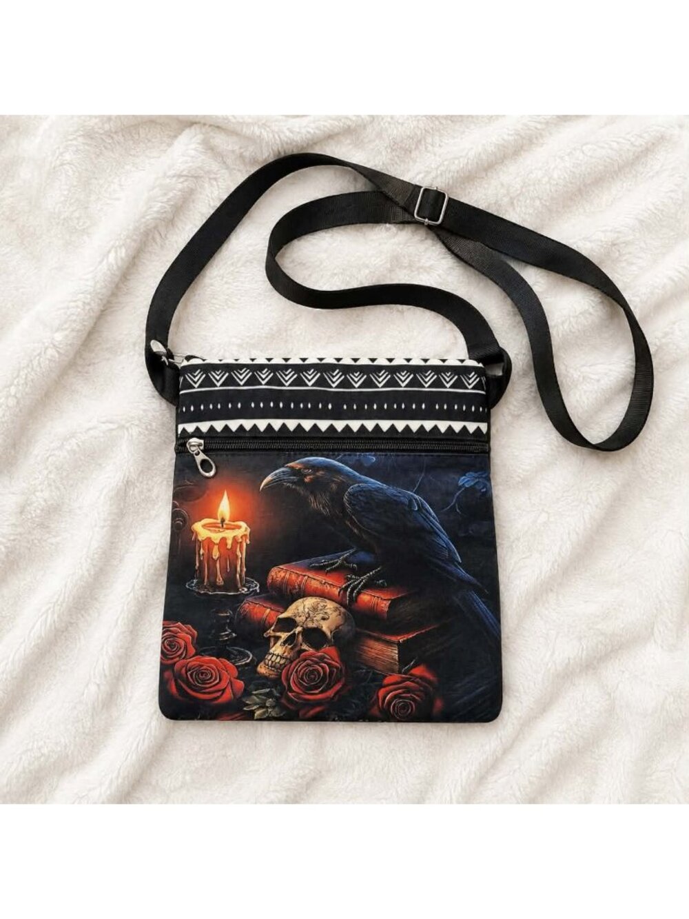 Gothic Raven Skull and Roses Crossbody Phone Bag